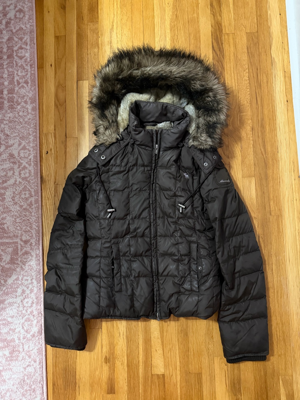 Abercrombie & Fitch Vintage Womens Brown Fur Hooded Down Puffer Jacket Y2K - Picture 3 of 15